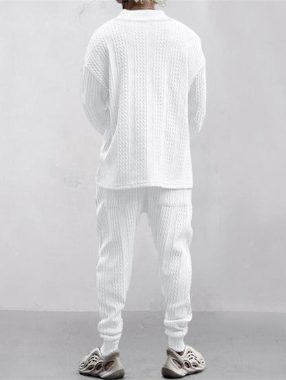 Men's Solid Jacquard Drop Shoulder V Neck Top & Drawstring Waist Pants Set