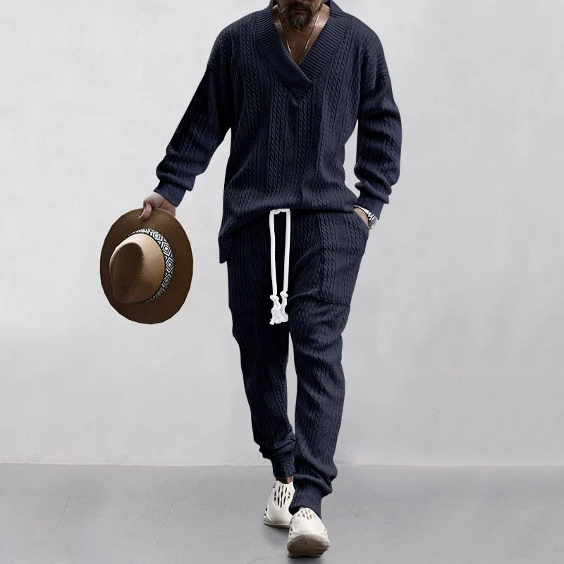 Men's Solid Jacquard Drop Shoulder V Neck Top & Drawstring Waist Pants Set