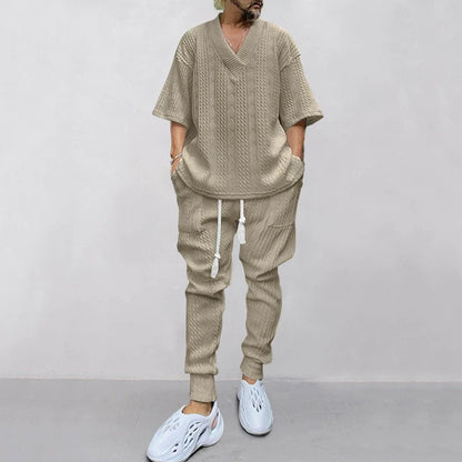 Men's Solid Jacquard Drop Shoulder V Neck Top & Drawstring Waist Pants Set