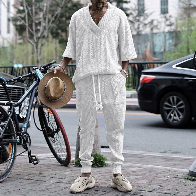 Men's Solid Jacquard Drop Shoulder V Neck Top & Drawstring Waist Pants Set