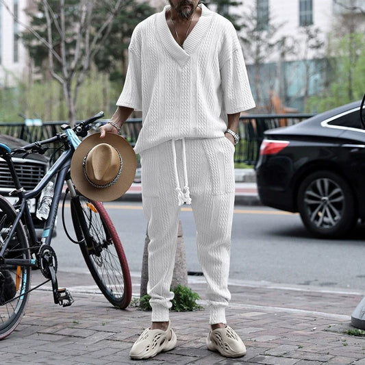 Men's Solid Jacquard Drop Shoulder V Neck Top & Drawstring Waist Pants Set