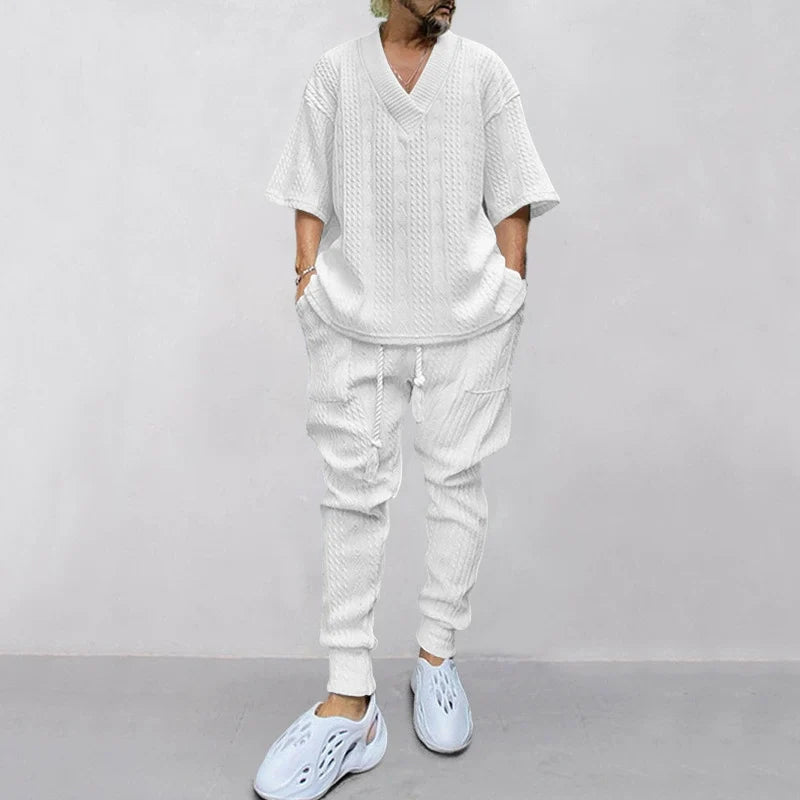 Men's Solid Jacquard Drop Shoulder V Neck Top & Drawstring Waist Pants Set